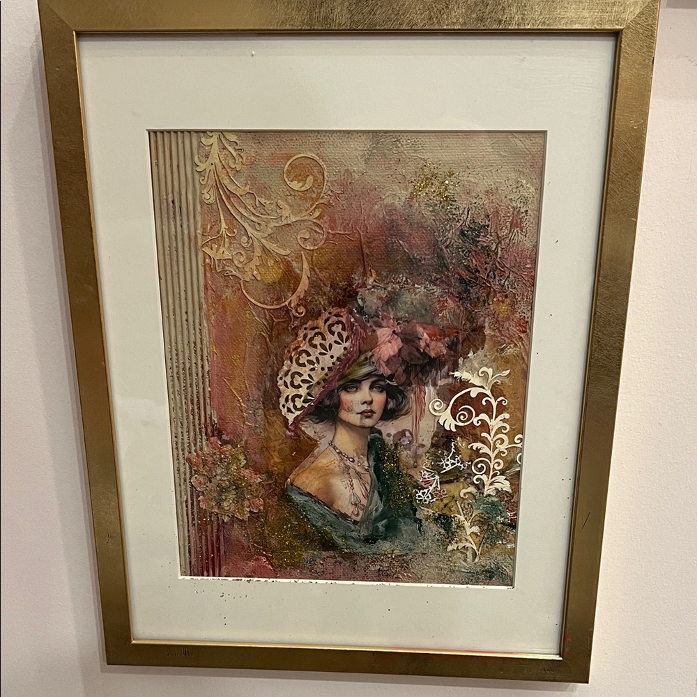 Framed Vintage-Style Woman Portrait Art Print in Pink and Gold